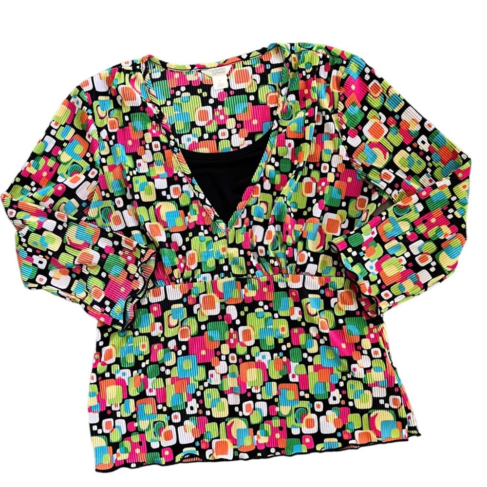 Vintage Christopher & Banks Novelty Print Mod Scrunch Babydoll Top S